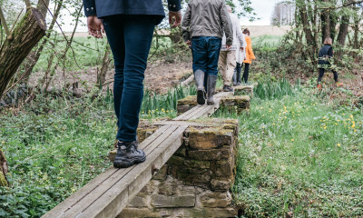 People crossing a swamp