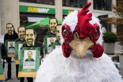 Chicken mascot at a demonstration organized by the Albert Schweitzer Stiftung