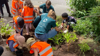 The team from the Jane Goodall Institute, with the support of children from a nearby kindergarten and Green City e.V., is planting the green strip in front of their office in Munich.