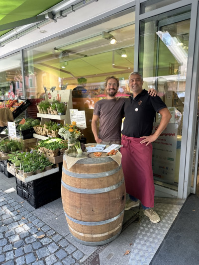 Two people with an information stand
