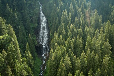 A tall waterfall from a distance