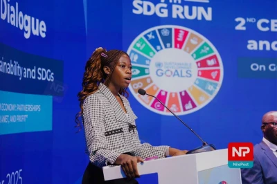 Laura Muwanguzi giving a youth speaker address at the 2nd CEO’s Breakfast and High-Level Dialogue for the SDG Run.