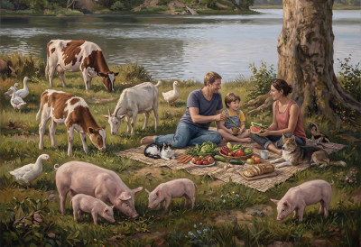 Menschen essen zusammen mit Tieren auf einer Wiese