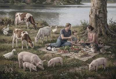Menschen essen zusammen mit Tieren auf einer Wiese